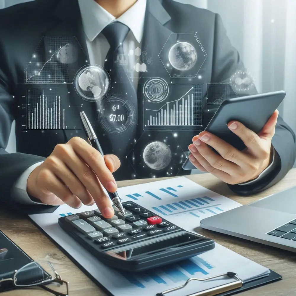 Accounting professional reviewing financial data with pen and calculator